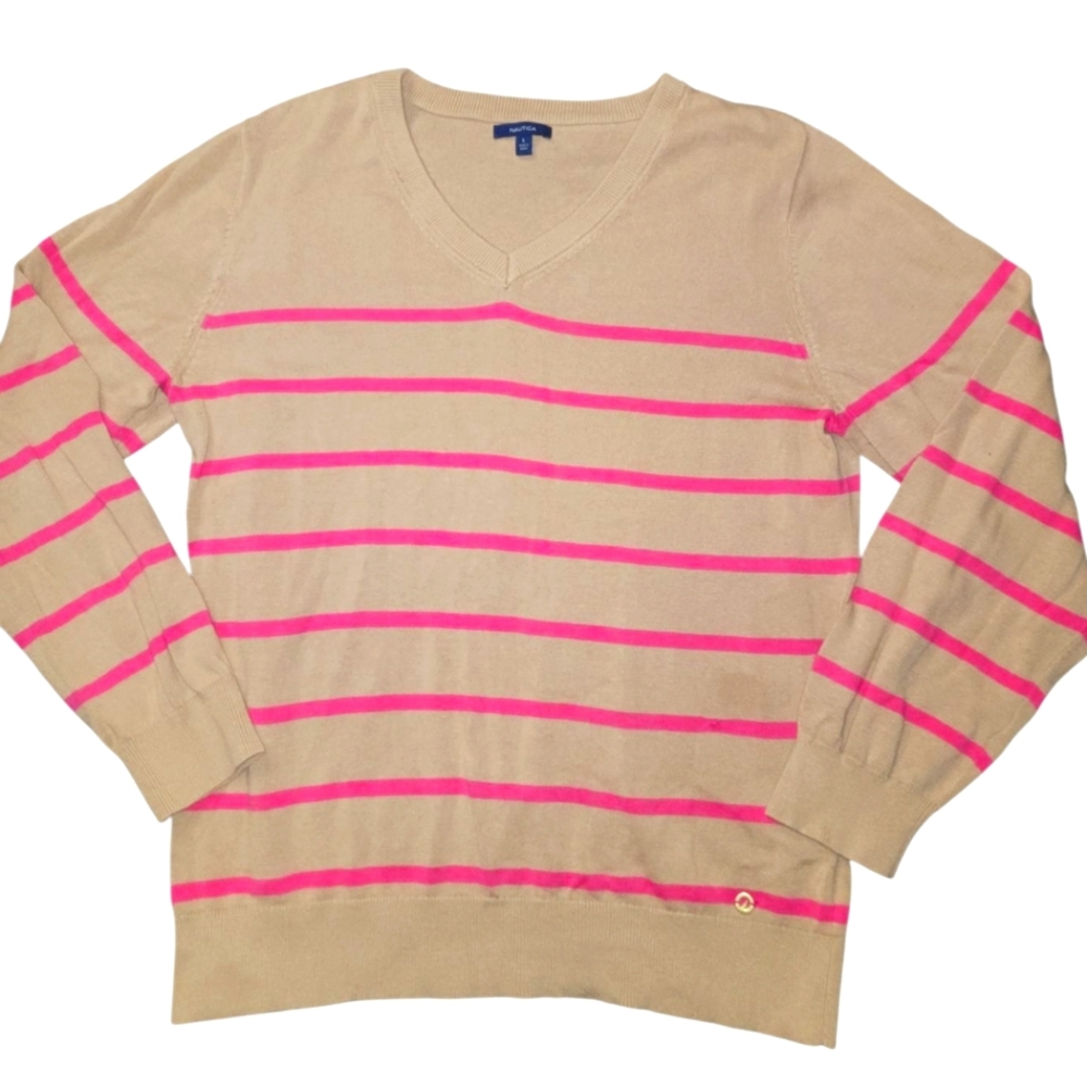 NAUTICA Pink & Brown Striped V-Neck Sweater - Womens Size Large